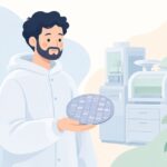 半導体工場でウェハーを扱う様子をイメージしたイラスト