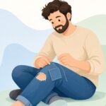 ジーンズの穴を当て布で補修する様子をイメージしたイラスト