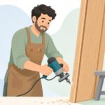 トリマーで建具の縁を加工する建具職人の様子をイメージしたイラスト
