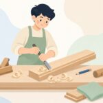 建具職人がノミで木部を削って調整する様子をイメージしたイラスト