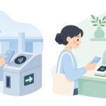 スマホで改札を通り買い物も支払う様子をイメージしたイラスト