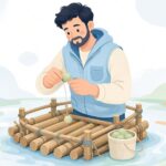海上釣り堀でダンゴ用の針を使う様子をイメージしたイラスト
