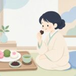 お茶と一緒に鹿の子豆を味わう様子をイメージしたイラスト