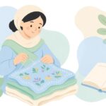 本を参考にカンタ刺繍をする様子をイメージしたイラスト
