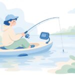 カヤックに魚探を取り付けてバス釣りをする様子をイメージしたイラスト