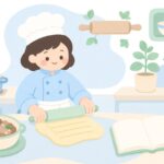 本を見ながらカザフスタン料理を作る様子をイメージしたイラスト