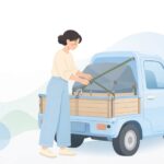 軽トラ荷台のラッシングレールで荷物を固定する様子をイメージしたイラスト