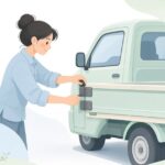 軽トラの荷台あおりヒンジにブッシュを取り付ける様子をイメージしたイラスト