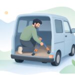 軽バンの荷室でラッシングフックを使う様子をイメージしたイラスト