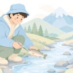 渓流で釣った魚から針を外す様子をイメージしたイラスト