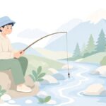 渓流で提灯釣りをする様子をイメージしたイラスト