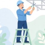 軽天ばさみで天井下地を切る作業をイメージしたイラスト