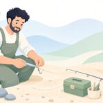 キス投げ釣りの砂ずりにパイプを使う様子をイメージしたイラスト