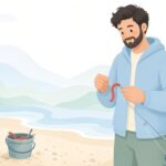 キス釣りの餌をゴカイ通し針で付ける様子をイメージしたイラスト
