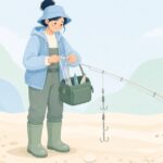 キス投げ釣りの仕掛けにカラミ止めを付ける様子をイメージしたイラスト