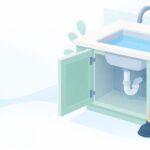詰まった台所のシンクと修理道具のイラスト