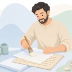 古文書に裏打ち紙を施す修復の様子をイメージしたイラスト