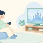 リビングでアクションゲームを楽しむ様子をイメージしたイラスト