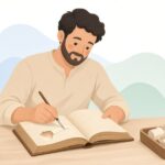 古書を中性紙テープで補修する様子をイメージしたイラスト