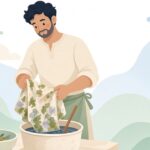 草木染めで鉄媒染液に布を浸す様子をイメージしたイラスト