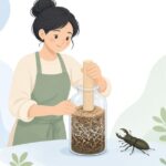 クワガタの菌糸ビンを詰める様子をイメージしたイラスト