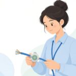 LANケーブルストリッパーで被覆を剥く技術者の様子をイメージしたイラスト