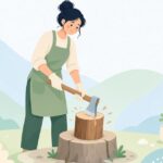 薪割り斧で薪を割る造園作業をイメージしたイラスト