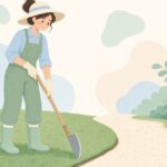 芝生の縁をエッジングナイフで整える様子をイメージしたイラスト