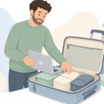 出張用にノートパソコンと荷物を整理する様子をイメージしたイラスト