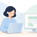 ノートパソコンを2画面にして資料を作る様子をイメージしたイラスト