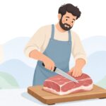 筋引き包丁で大きな肉を切り分ける食肉加工の様子をイメージしたイラスト
