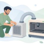 レーザー加工機の排気フィルターを交換する様子をイメージしたイラスト
