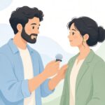 風防付きのラベリアマイクで屋外インタビューを行う様子をイメージしたイラスト