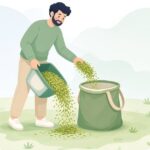 刈った芝を集草袋に回収する様子をイメージしたイラスト