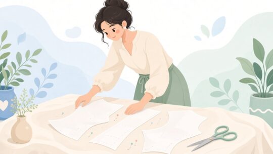型紙のパーツを生地に並べ、足りない布を出してから直線で縫う