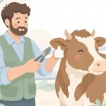 牛舎で牛に耳標を付ける様子をイメージしたイラスト
