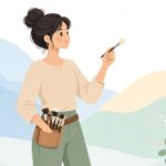 メイクブラシベルトを着けてロケ撮影に臨むメイクアップアーティストの様子をイメージしたイラスト
