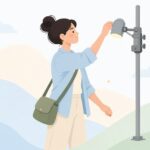 スーパークランプで撮影機材をポールに固定する様子をイメージしたイラスト