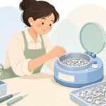 磁気バレル研磨機で小さな金属部品を磨く様子をイメージしたイラスト