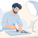 撮影現場でメイクブラシを洗浄する様子をイメージしたイラスト