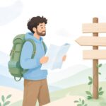 地図地点と現地看板の照合をイメージしたイラスト