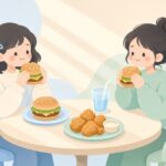 午後にハンバーガーとチキンを分け合う様子をイメージしたイラスト