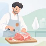 精肉作業で肉切り包丁を使い肉を切り分ける様子をイメージしたイラスト