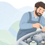 狭い場所でスタビードライバーを使ってねじを回す整備の様子をイメージしたイラスト