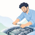 首振りエクステンションで狭所のボルトを締める整備士の様子をイメージしたイラスト