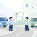長距離トラックが中継地点で荷物をつなぐ様子をイメージしたイラスト