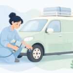 出張整備でエアインパクトレンチを使ってホイールナットを外す様子をイメージしたイラスト