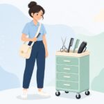 出張カット用の理容ワゴンを用意する移動理容師の様子をイメージしたイラスト