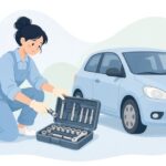 出張整備でソケットレンチセットを使う自動車整備士の様子をイメージしたイラスト