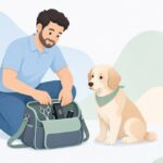 出張トリミングで道具をバッグから出す様子をイメージしたイラスト